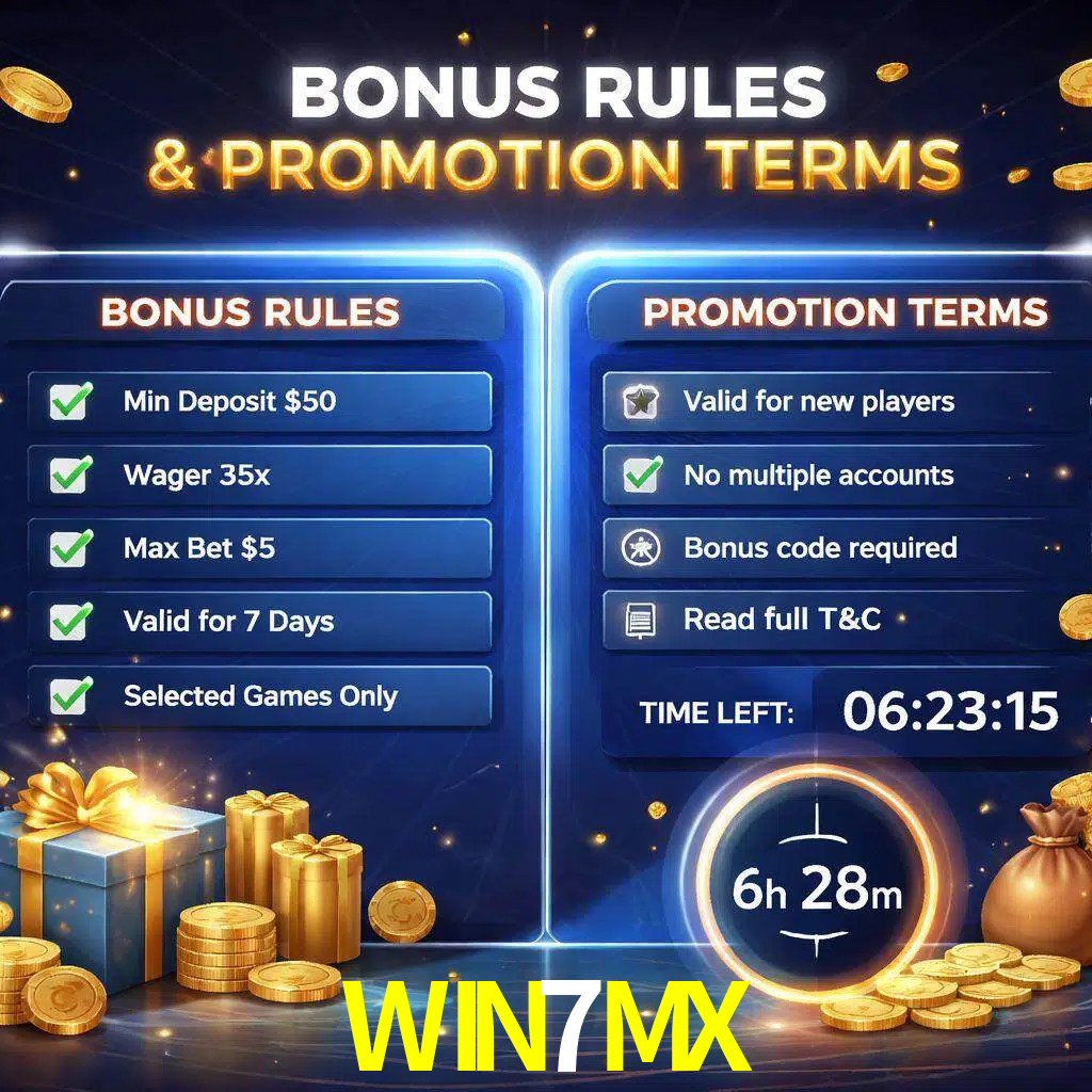 Reglas de promoción WIN7MX y condiciones de bonos explicadas visualmente