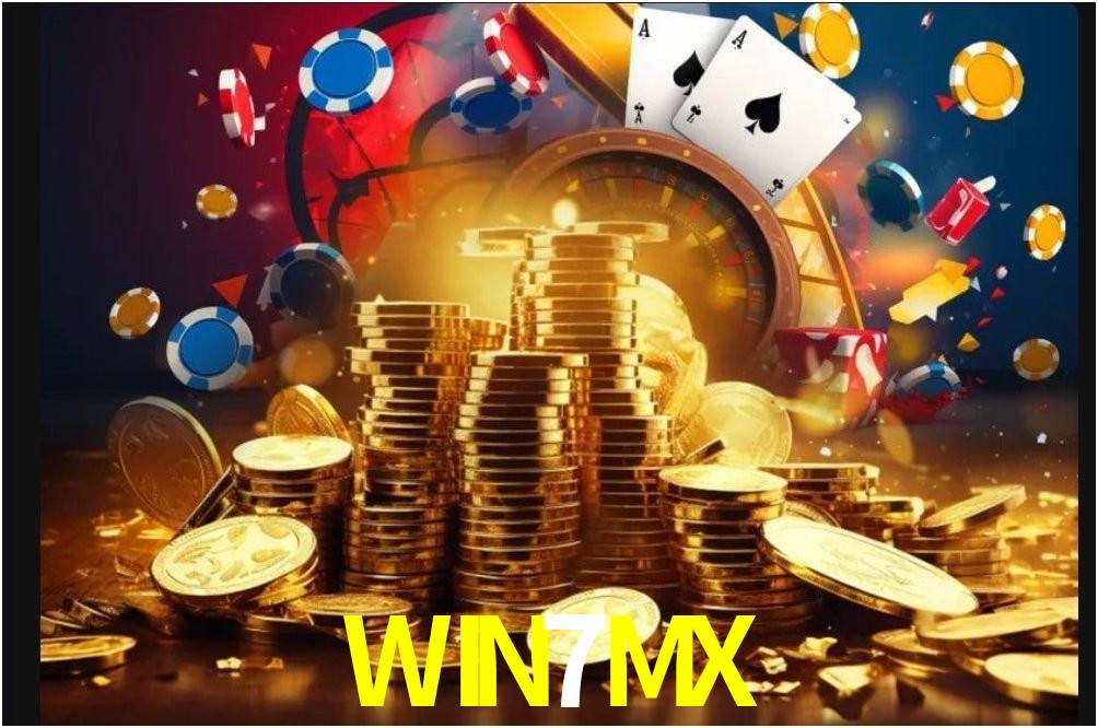 Escena dinámica inspirada en casino con iluminación WIN7MX, cartas, fichas e íconos de juegos digitales en un espacio moderno de juegos.
