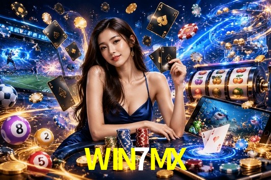Una escena digital vívida inspirada en casino con WIN7MX mostrado prominentemente, luces brillantes, fichas, cartas y acentos dorados.