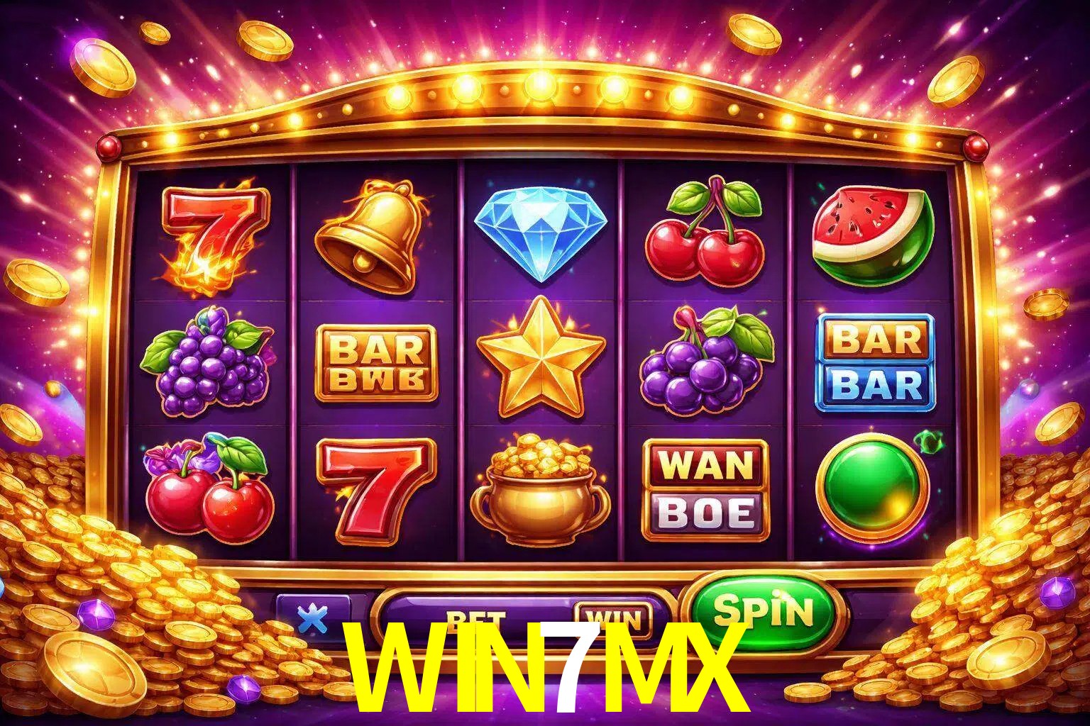 Una interfaz colorida de tragamonedas en línea con símbolos brillantes, monedas y un efecto de victoria celebratoria en WIN7MX.